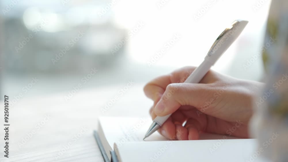A closeup of a hand writing in a notebook with a pen, capturing a moment of creativity and productivity