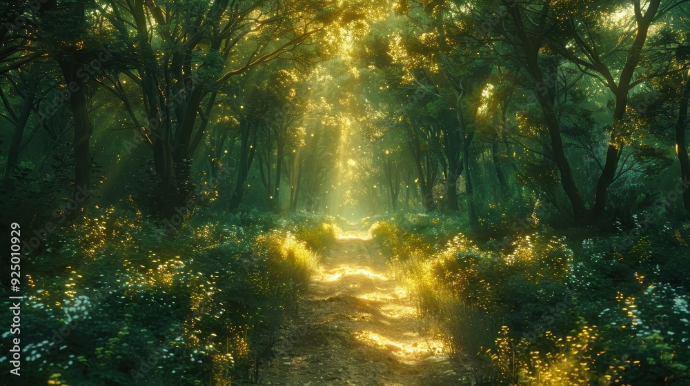Sunlit Path Through a Mystical Forest with Glowing Dust Sunlit Path Through a Mystical Forest with Glowing Dust