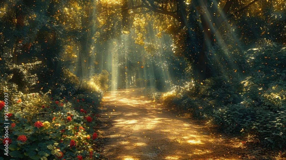 Sunlit Forest Path with Golden Leaves and Red Flowers Sunlit Forest Path with Golden Leaves and Red Flowers