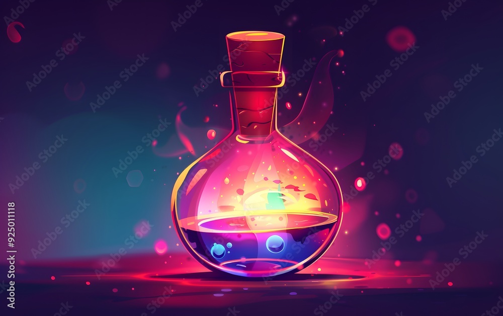 Vibrant fantasy potion bottle with glowing liquid, floating bubbles, and magical light effects. Perfect for gaming, fantasy, and mystical themes.