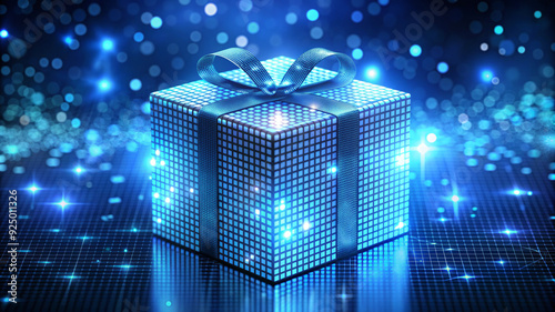 Digital stylized gift box illuminated with blue light pixels and decorated with reflective silver ribbon