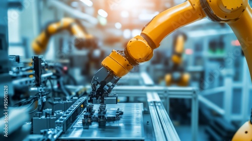 Industrial robot arm operating on a production line in a modern factory, showcasing advanced automation and manufacturing technology.