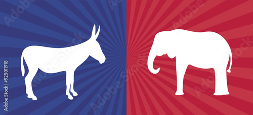 Election 2024 banner. USA 2024 vote. Democrats and republicans animalistic symbols: donkey and elephant. Presidential election campaign. Flat vector illustration
