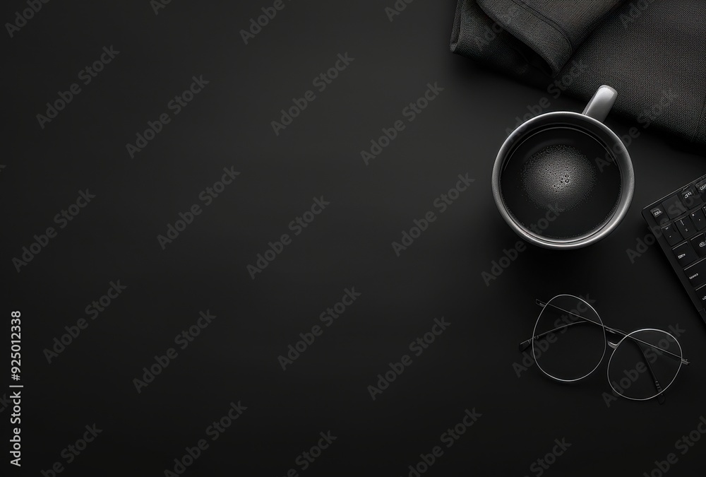 Black Coffee, Glasses, and Keyboard on a Black Surface Black Coffee, Glasses, and Keyboard on a Black Surface