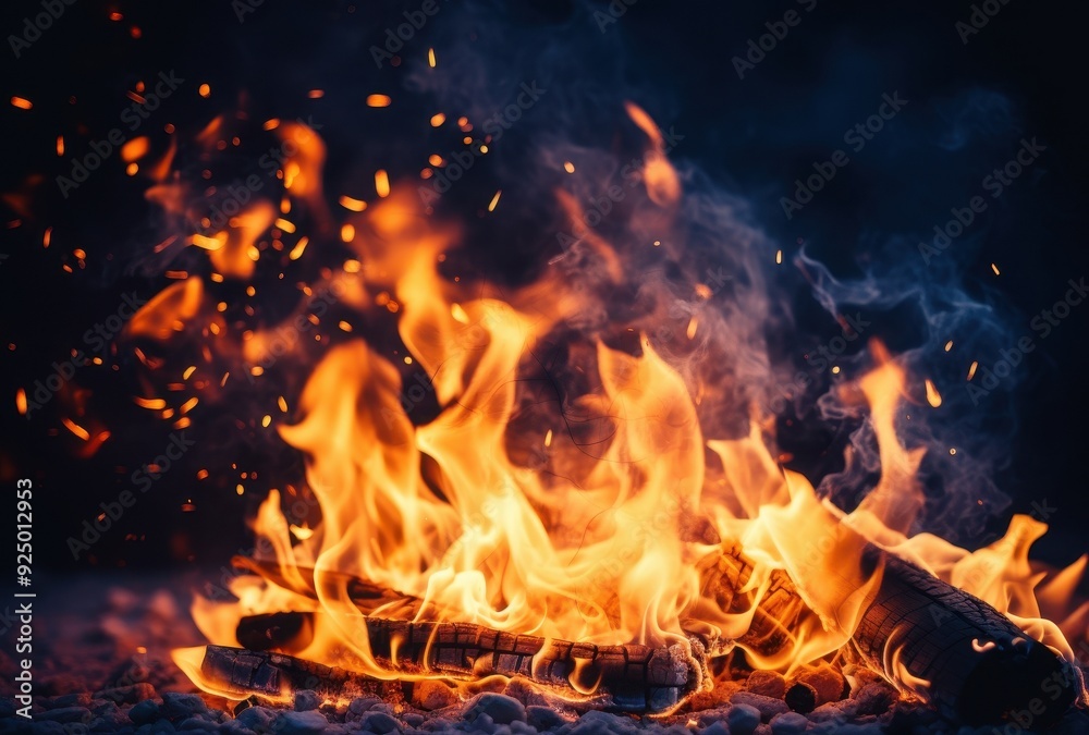 Close-up of a Fiery Bonfire with Embers and Smoke Close-up of a Fiery Bonfire with Embers and Smoke