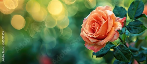 Fototapeta Naklejka Na Ścianę i Meble -  Horizontal close up image of a stunningly blooming rose in a botanical garden against a blurred green backdrop with ample copy space