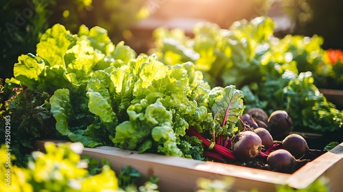 An outdoor raised garden bed filled with vibrant green lettuce, red beets, and other vegetables under the warm glow of sunlight