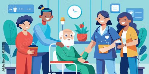 Care for the elderly. Nurses help and care for the health of older men and women in a nursing home or hospital. Vector illustration
