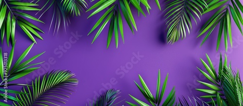 Coconut leaves pattern on a purple abstract Summer concept background ideal for showcasing copy space images