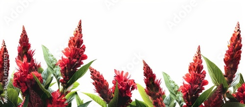 A detailed image showing a vibrant red Celosia in growth with a blank space for text or graphics within the frame 105 characters. Copy space image. Place for adding text and design photo
