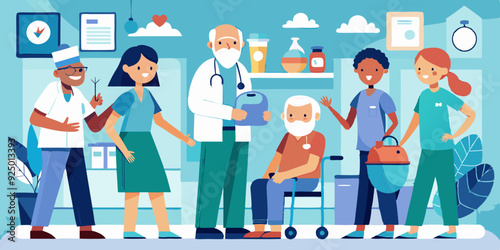 Care for the elderly. Nurses help and care for the health of older men and women in a nursing home or hospital. Vector illustration
