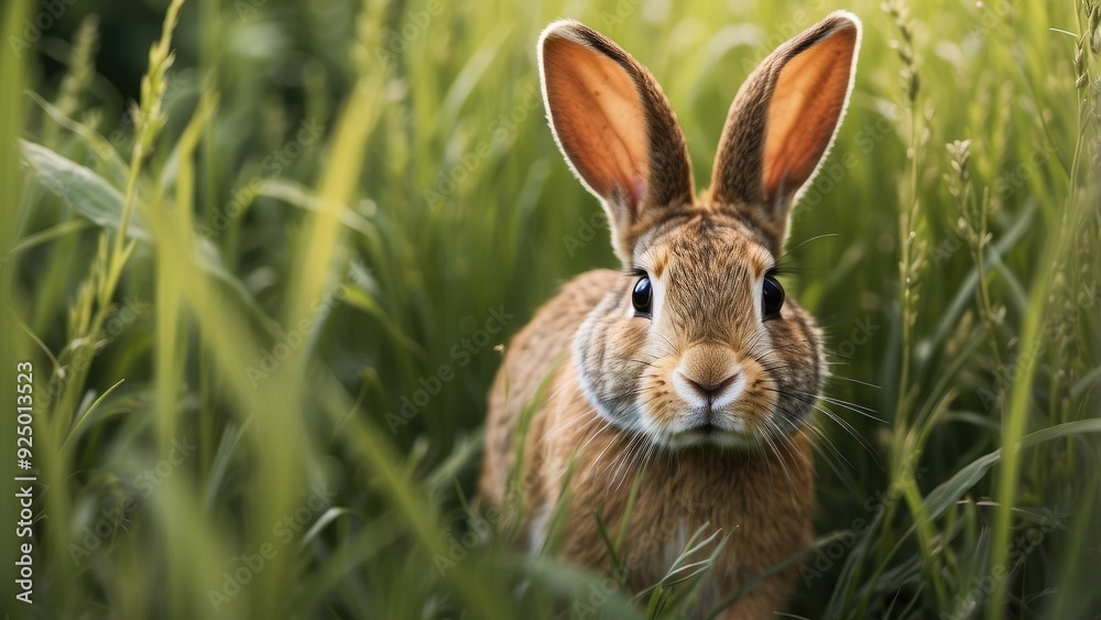 Fototapeta premium Shy rabbit peeking out from behind tall grass, twitching nose, rural countryside setting.