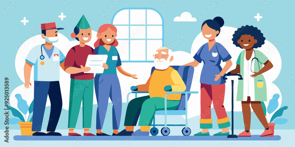 Care for the elderly. Nurses help and care for the health of older men and women in a nursing home or hospital. Vector illustration
Care for the elderly. Nurses help and care for the health of older men and women in a nursing home or hospital. Vector illustration