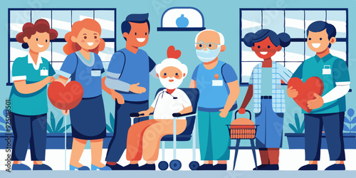 Care for the elderly. Nurses help and care for the health of older men and women in a nursing home or hospital. Vector illustration

