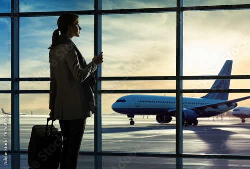 Woman with Luggage Looking at Airplane Through Window in Airport