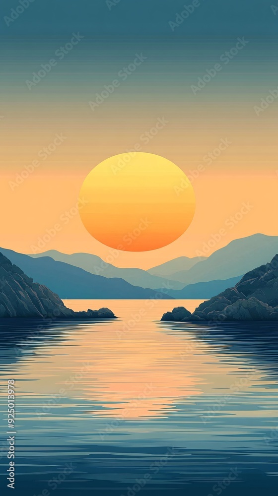 Naklejka premium A serene landscape with a large yellow sun setting over a calm blue body of water with mountains in the background.
