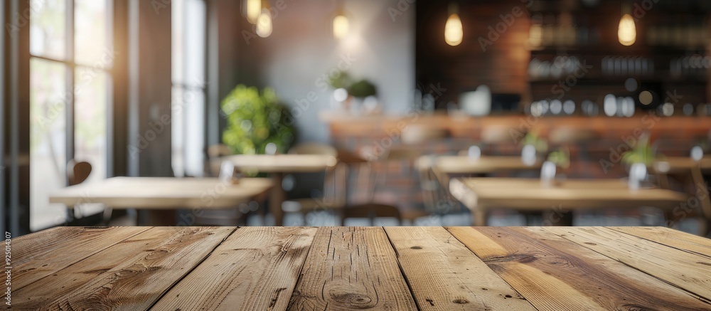 Abstract blurred cafe background with a wooden board as a focal point ideal for presentation due to ample copy space image Abstract blurred cafe background with a wooden board as a focal point ideal for presentation due to ample copy space image
