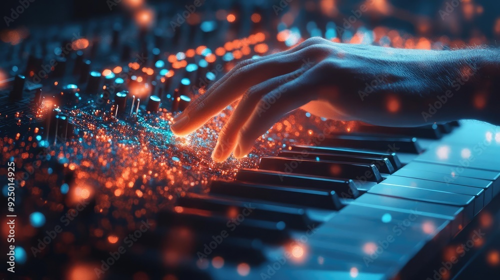 Musician using AI to generate melodies based on different genres, illustrating the creative exploration possible with AI in music Musician using AI to generate melodies based on different genres, illustrating the creative exploration possible with AI in music