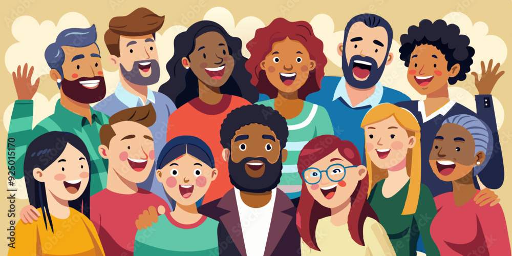 Set of people expressing emotions of joy and happiness. Happy and jubilant men and women in full growth
