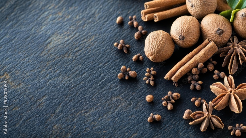 Nutmeg and clove arrangement on a dark background with warm, moody lighting, warm spices, dramatic composition Nutmeg and clove arrangement on a dark background with warm, moody lighting, warm spices, dramatic composition