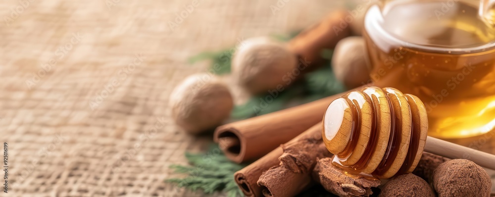 Warm-toned still life of nutmeg, cinnamon, and honey in a cozy kitchen setting, warm spices, comforting ingredients Warm-toned still life of nutmeg, cinnamon, and honey in a cozy kitchen setting, warm spices, comforting ingredients