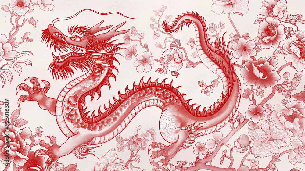 Fototapeta premium Red Dragon with Floral Patterns