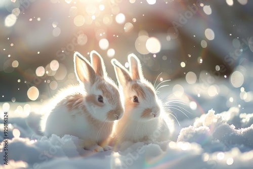 Two adorable baby bunnies in the snow, cute postcard for Christmas or Easter