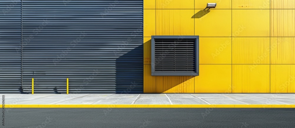Naklejka premium Side view of an industrial factory entrance with yellow concrete steel louver ventilation and gray aluminum corrugated wall showing copy space image