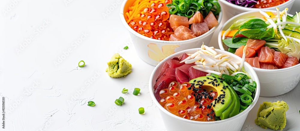 Delicious to go poke bowls displayed against a white backdrop with copy space image Delicious to go poke bowls displayed against a white backdrop with copy space image