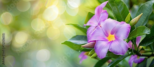 Close up shot of a blooming purple Allamanda blanchetii flower and bud isolated against a blurred green background with copy space image photo