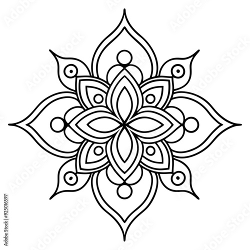 A black and white illustration of a flower mandala design.