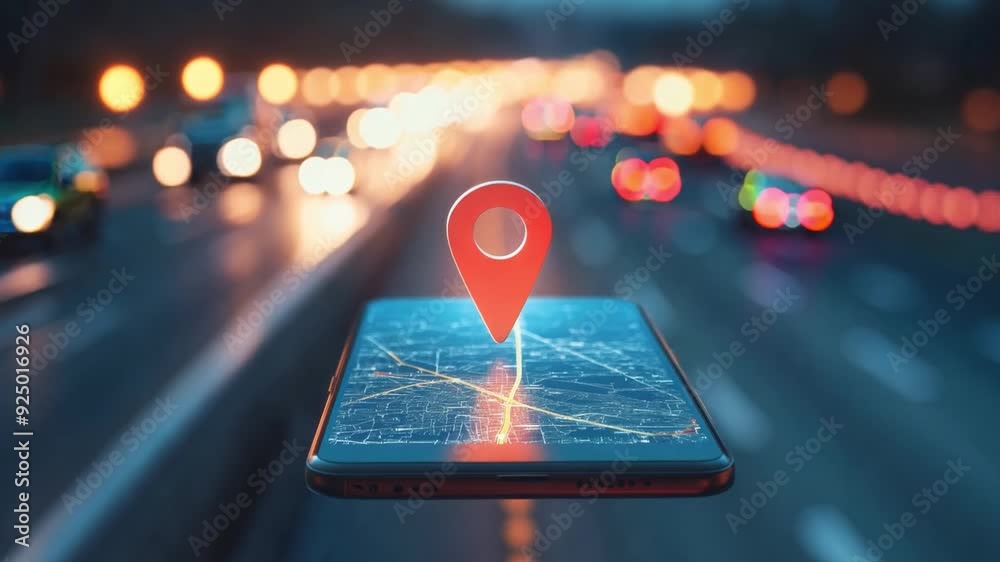 A smartphone shows a navigation map with a location pin while cars drive along a bustling urban road during twilight hours.