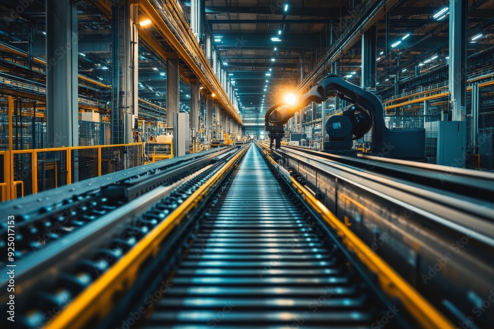 Modern industrial factory with robotic automation and conveyor system, illuminated by bright lights and advanced machinery. Modern industrial factory with robotic automation and conveyor system, illuminated by bright lights and advanced machinery.