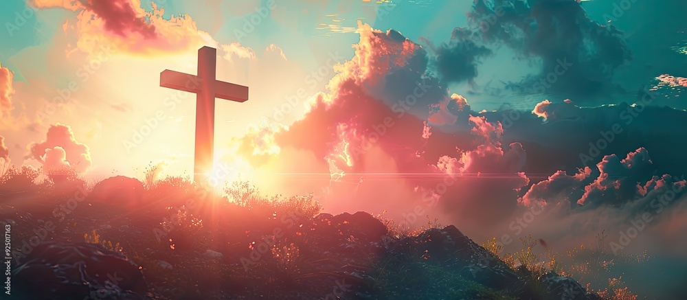 Obraz premium Double exposure image of a cross illuminated by sunlight in the sky with copy space image symbolizing Christianity