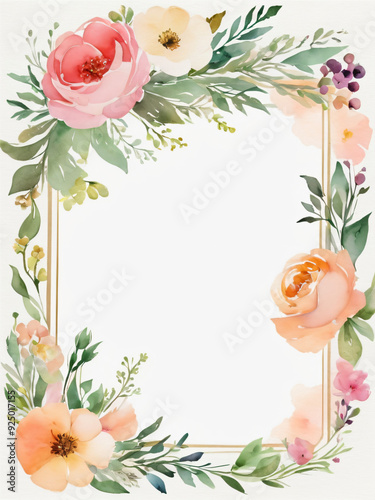 A blank wedding invitation adorned with a watercolor floral frame