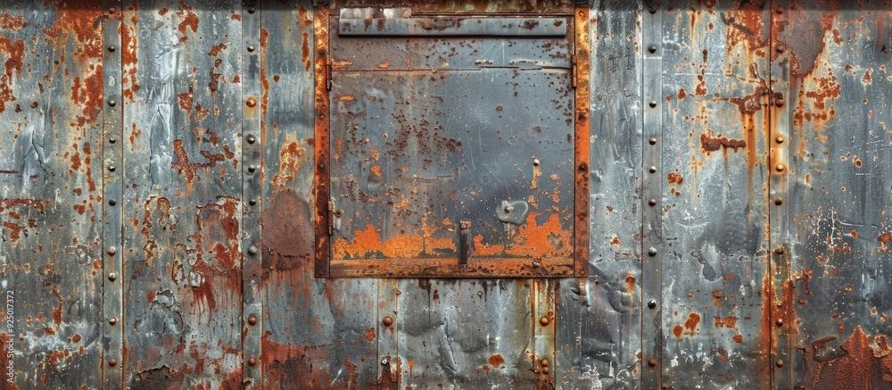Old rusty metal wall with a boarded up window showing an uneven iron surface with paint stains providing a wide panoramic background for designs featuring copy space image Old rusty metal wall with a boarded up window showing an uneven iron surface with paint stains providing a wide panoramic background for designs featuring copy space image