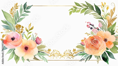 A blank wedding invitation adorned with a watercolor floral frame