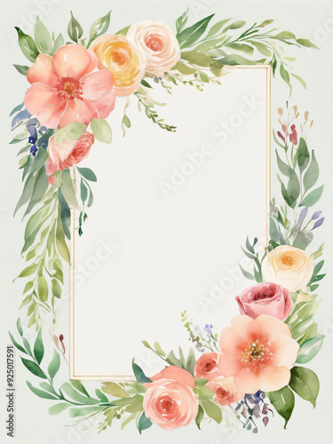 A blank wedding invitation adorned with a watercolor floral frame