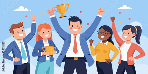 Happy business team celebrating victory. Colleagues rejoice in success and achievements. The concept of successful teamwork
