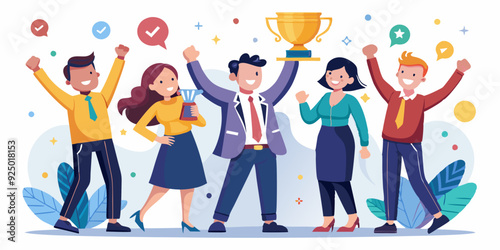 Happy business team celebrating victory. Colleagues rejoice in success and achievements. The concept of successful teamwork
