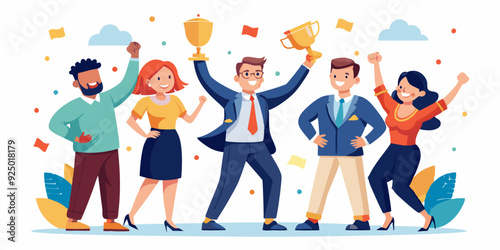 Happy business team celebrating victory. Colleagues rejoice in success and achievements. The concept of successful teamwork
