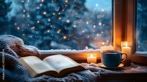 A cozy scene with an open book, a cup of coffee, and candles on the windowsill overlooking snow falling outside