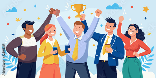 Happy business team celebrating victory. Colleagues rejoice in success and achievements. The concept of successful teamwork
