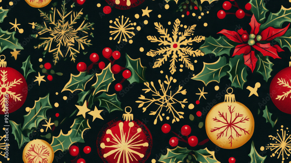 Seamless festive Christmas pattern with snowflakes, ornaments, holly leaves, and berries Seamless festive Christmas pattern with snowflakes, ornaments, holly leaves, and berries