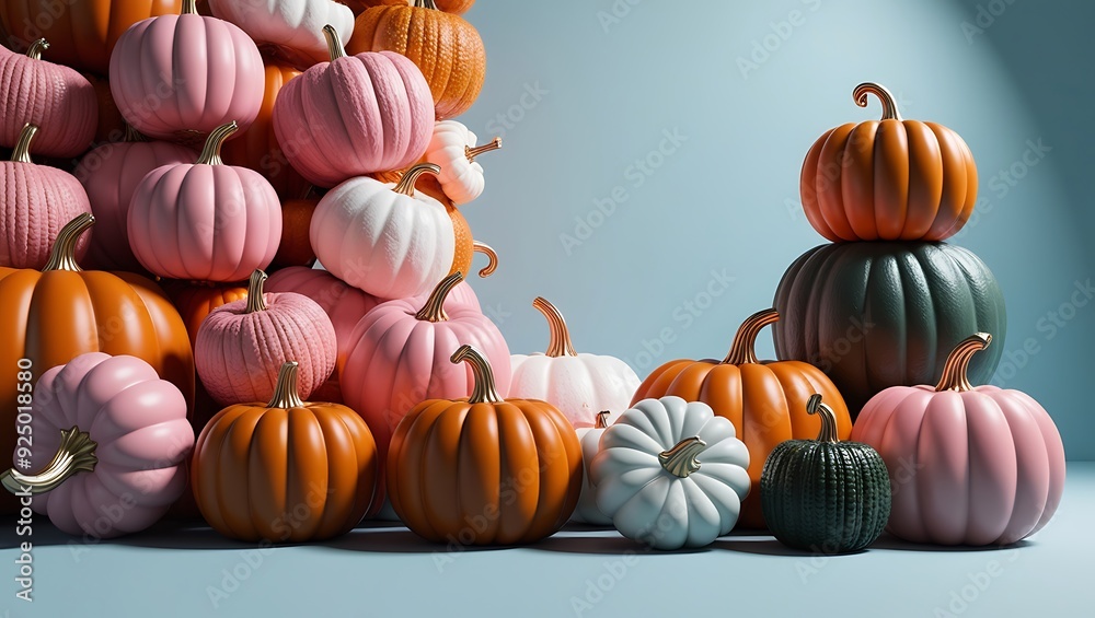A collection of pumpkins in various shapes and colors, including pink, orange, white, and green, arranged on the left side of a light blue background A collection of pumpkins in various shapes and colors, including pink, orange, white, and green, arranged on the left side of a light blue background