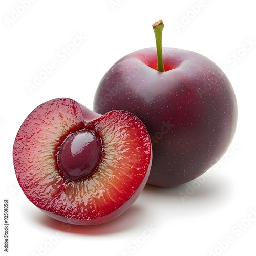 Vibrant Ripe Pluot Fruit with Slice Revealing Seed on White Background photo