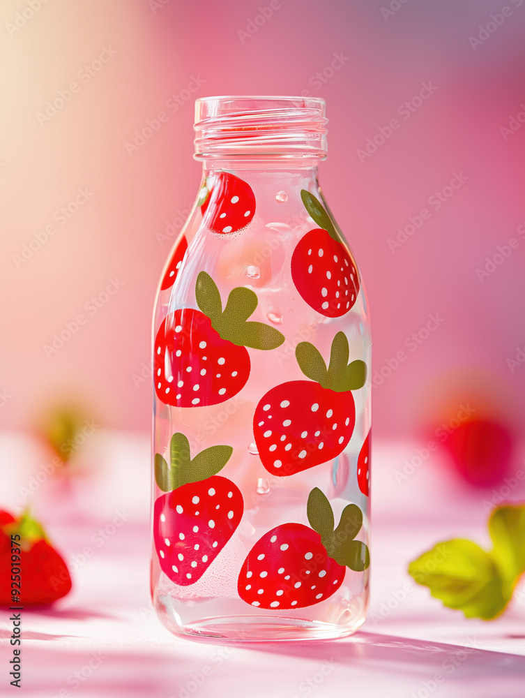 Charming Clear Bottle with Adorable Strawberry Patterns on Soft Pink Background - Perfect for Product Presentations, Packaging Designs, and Advertising Campaigns Charming Clear Bottle with Adorable Strawberry Patterns on Soft Pink Background - Perfect for Product Presentations, Packaging Designs, and Advertising Campaigns