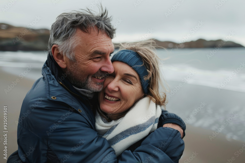 Obraz premium Happy middle-aged couple embracing on a beach during autumn