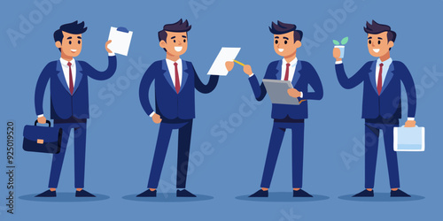 Business man character set. Man looks at the report, takes notes, reads, points. Full length guy in a business suit. Vector illustration
