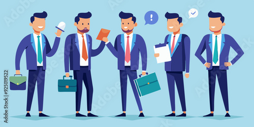 Business man character set. Man looks at the report, takes notes, reads, points. Full length guy in a business suit. Vector illustration
